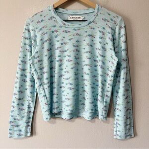 Carleen Light Blue Floral Long Sleeve Waffle Knit Cropped Tee Shirt Cottagecore